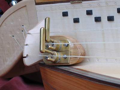 Capo detail of custom Hurdy Gurdy by Chris Allen and Sabina Kormylo