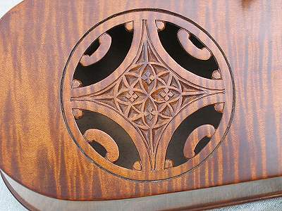 Sound hole detail of custom Hurdy Gurdy by Chris Allen and Sabina Kormylo