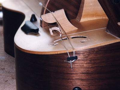 Treble bridge detail of undecorated Colson a Mirecourt Hurdy Gurdy by Chris Allen and Sabina Kormylo