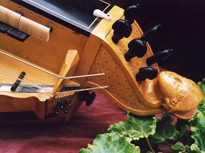 Head detail in Decante style of Pimpard Hurdy Gurdy by Chris Allen and Sabina Kormylo